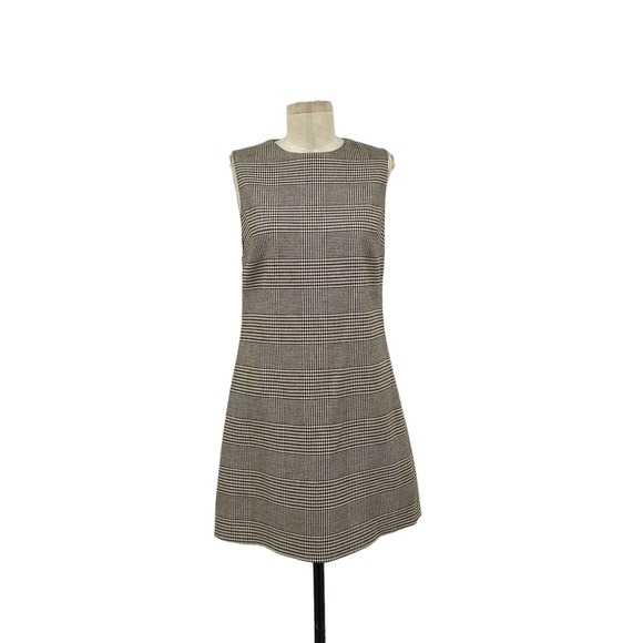 Alice + Olivia Coley Crew Neck Dress Afterglow Plaid Brown Tan Size 6 - Picture 2 of 10